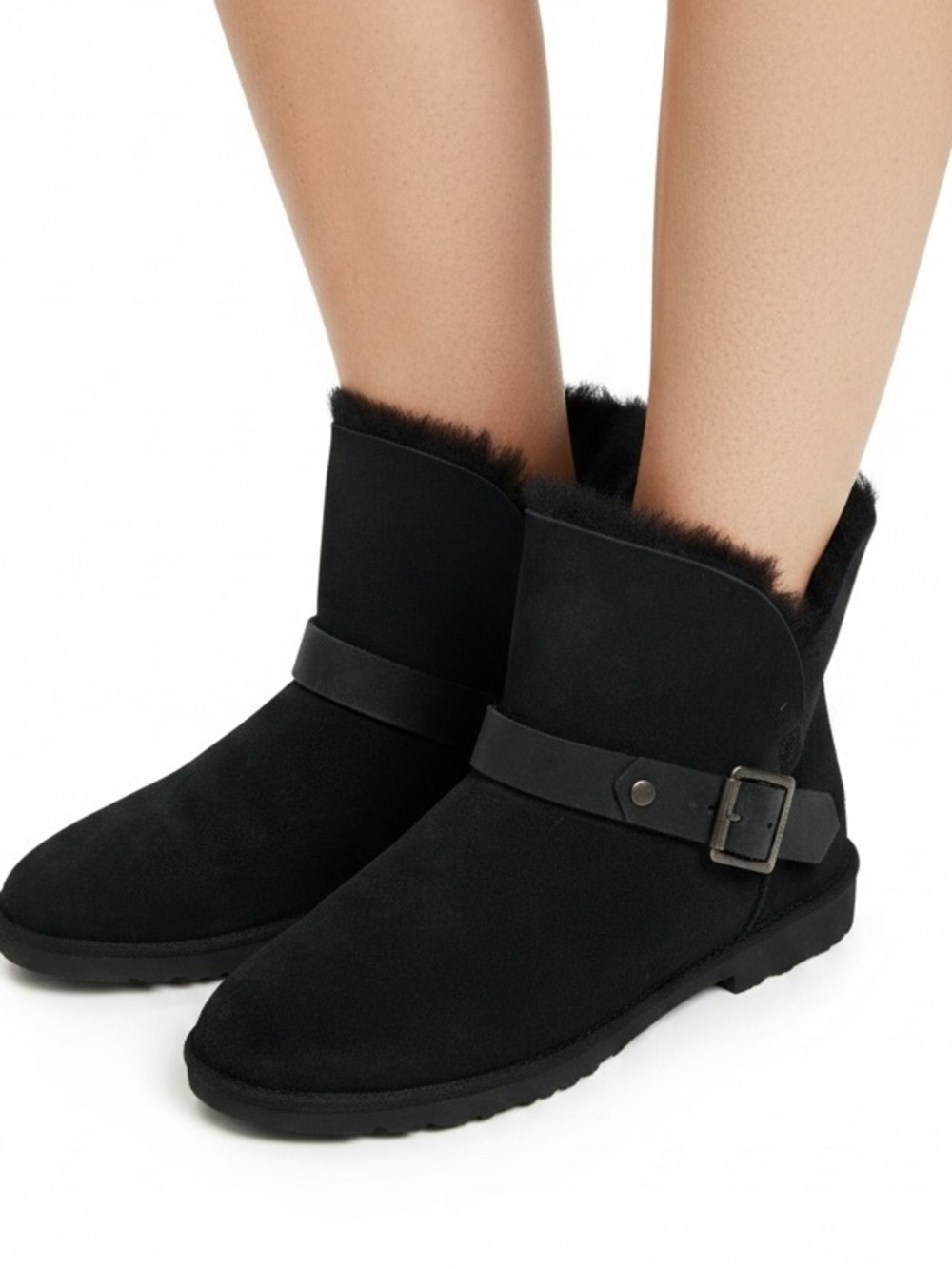 UGG Romely Suede Short Buckle UGG plush Lined Boots Black Shearling Size 7